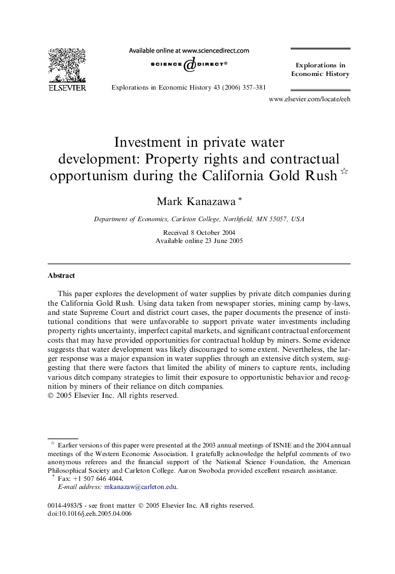 Investment in private water development: Property rights and contractual opportunism during the California Gold Rush