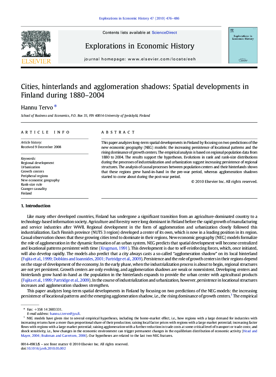 Cities, hinterlands and agglomeration shadows: Spatial developments in Finland during 1880-2004