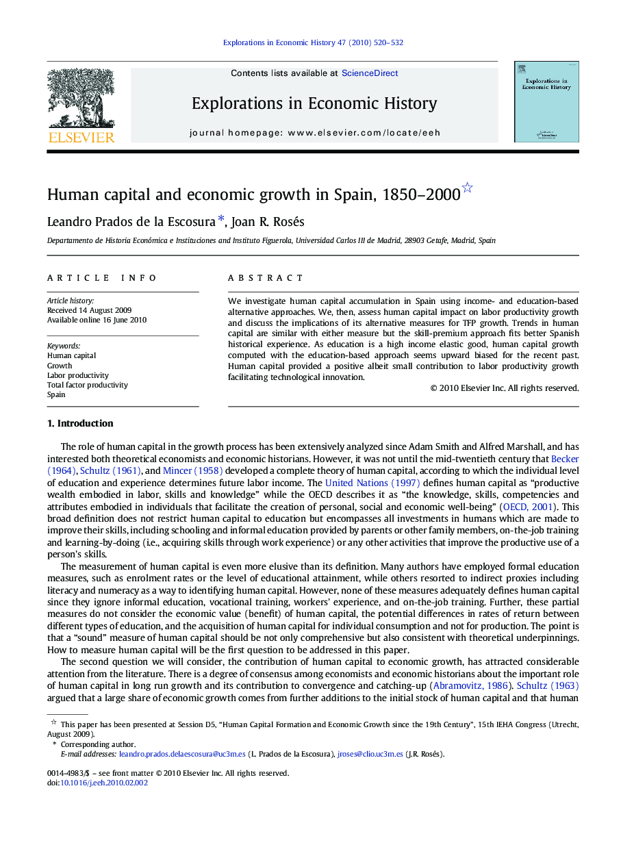 Human capital and economic growth in Spain, 1850-2000