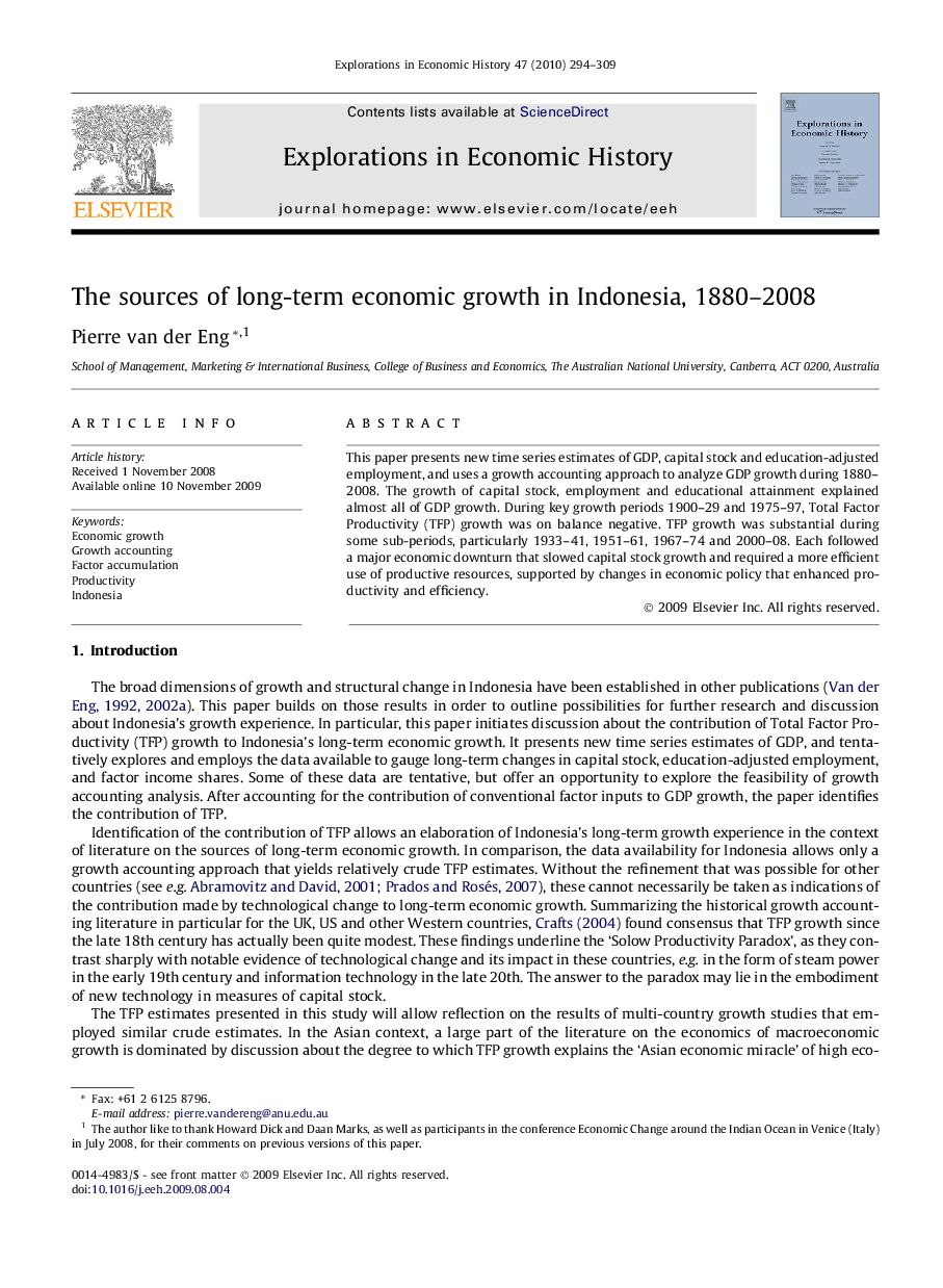 The sources of long-term economic growth in Indonesia, 1880-2008