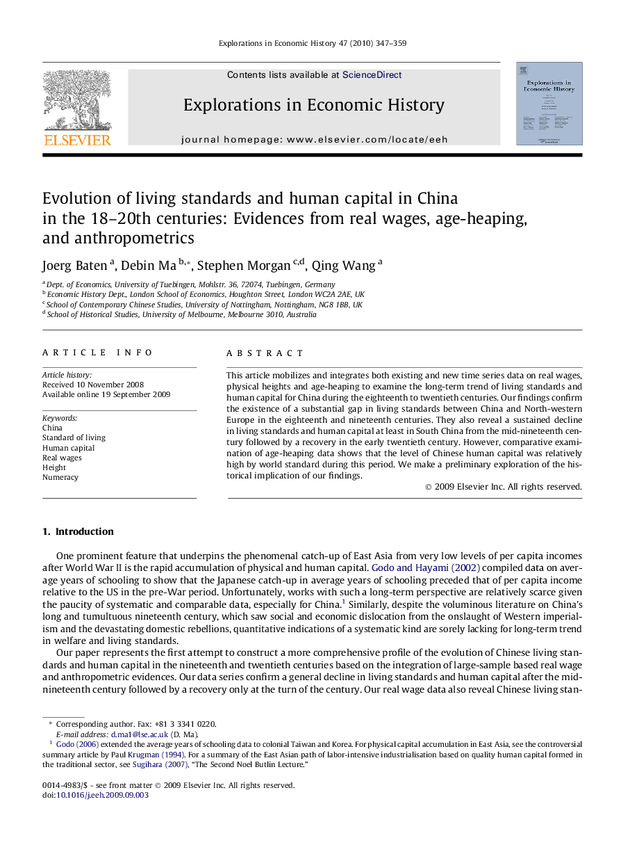 Evolution of living standards and human capital in China in the 18-20th centuries: Evidences from real wages, age-heaping, and anthropometrics