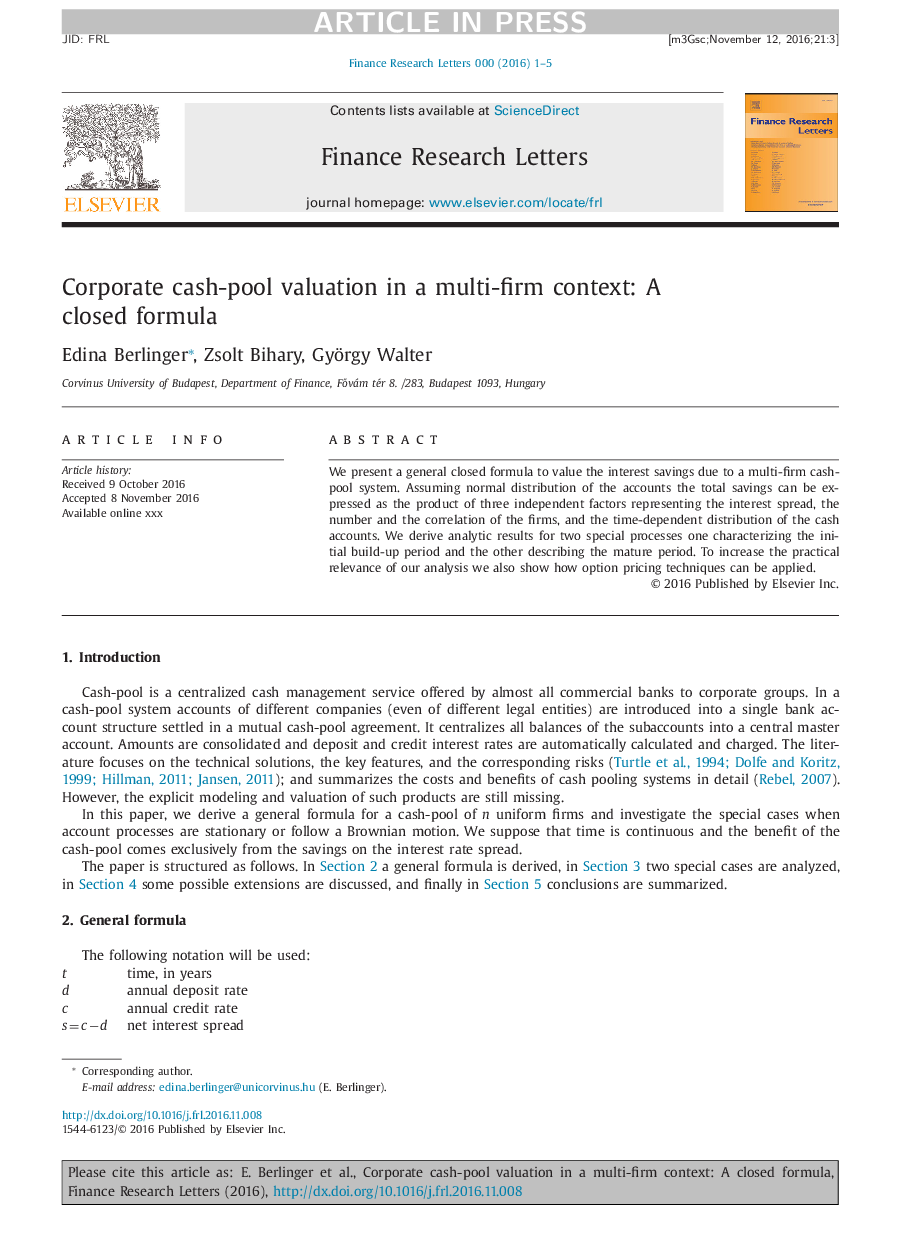 Corporate cash-pool valuation in a multi-firm context: A closed formula