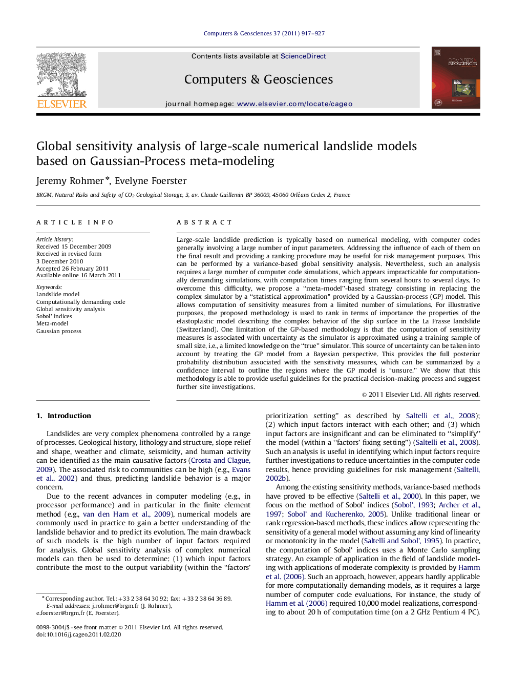 Global sensitivity analysis of large-scale numerical landslide models based on Gaussian-Process meta-modeling