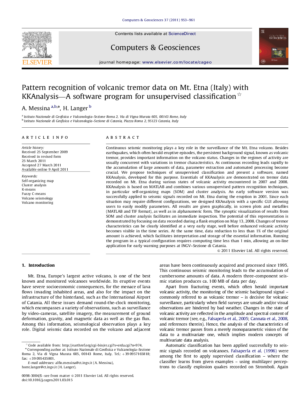 Pattern recognition of volcanic tremor data on Mt. Etna (Italy) with KKAnalysis—A software program for unsupervised classification 