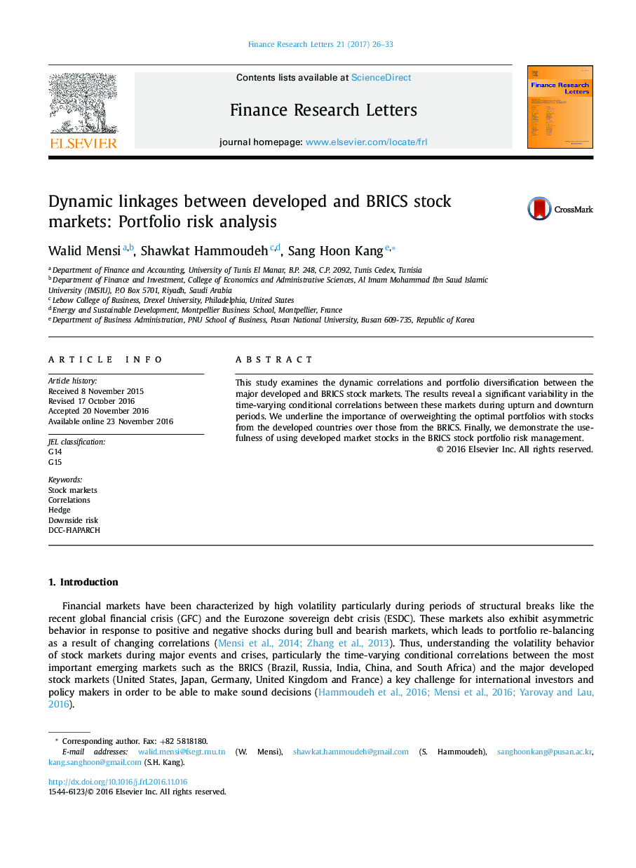 Dynamic linkages between developed and BRICS stock markets: Portfolio risk analysis