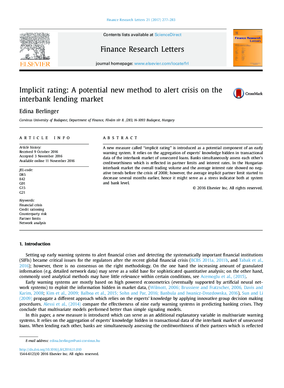 Implicit rating: A potential new method to alert crisis on the interbank lending market