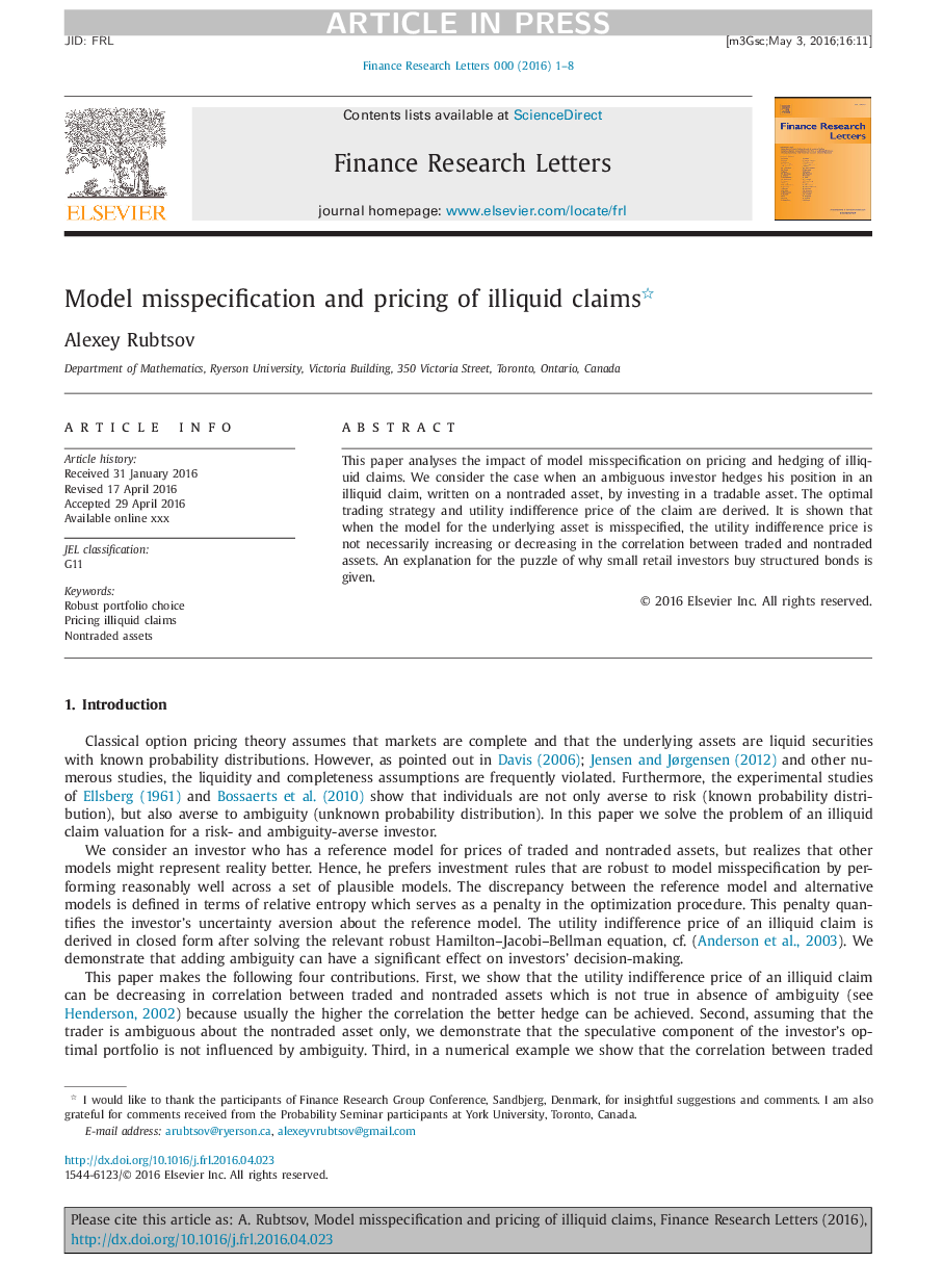 Model misspecification and pricing of illiquid claims