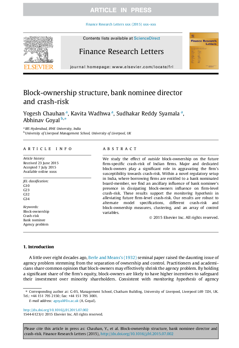 Block-ownership structure, bank nominee director and crash-risk