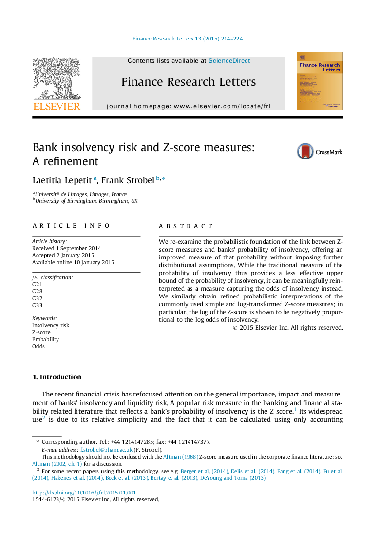 عکس صفحه اول مقاله: Bank insolvency risk and Z-score measures: A refinement Bank insolvency risk and Z-score measures: A refinement