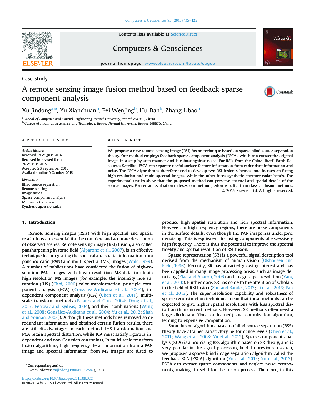 A remote sensing image fusion method based on feedback sparse component analysis