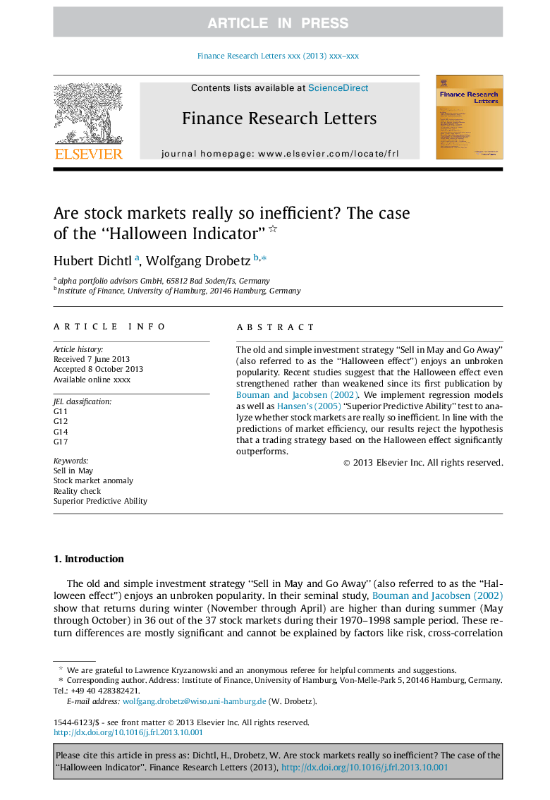 Are stock markets really so inefficient? The case of the “Halloween Indicator”
