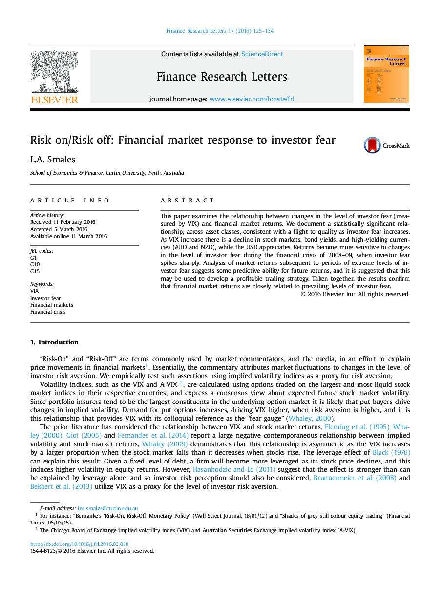 Risk-on/Risk-off: Financial market response to investor fear