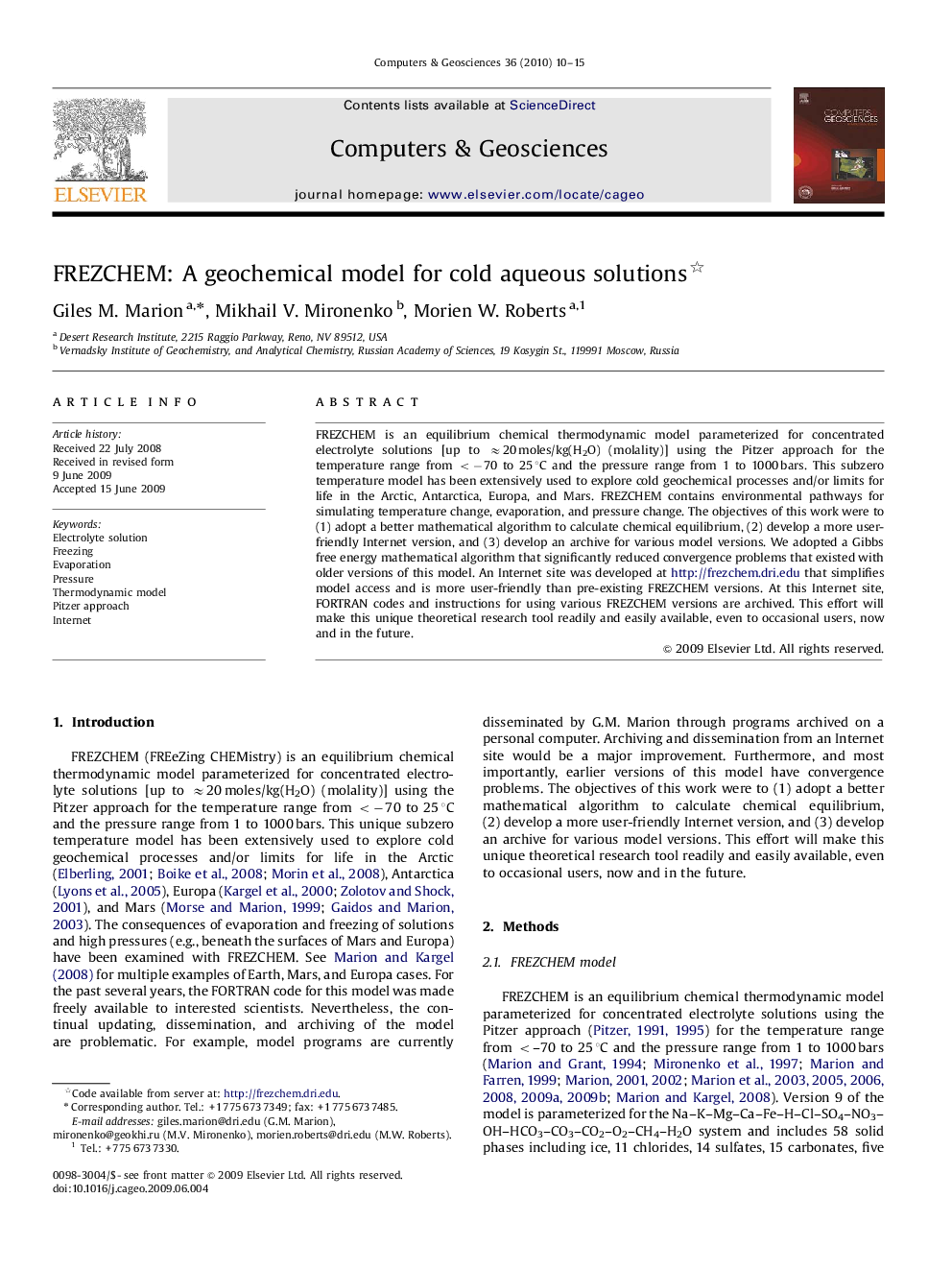 FREZCHEM: A geochemical model for cold aqueous solutions 