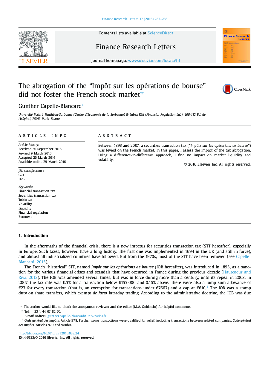 The abrogation of the “ImpÃ´t sur les opérations de bourse” did not foster the French stock market