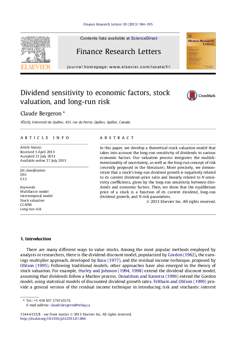 Dividend sensitivity to economic factors, stock valuation, and long-run risk