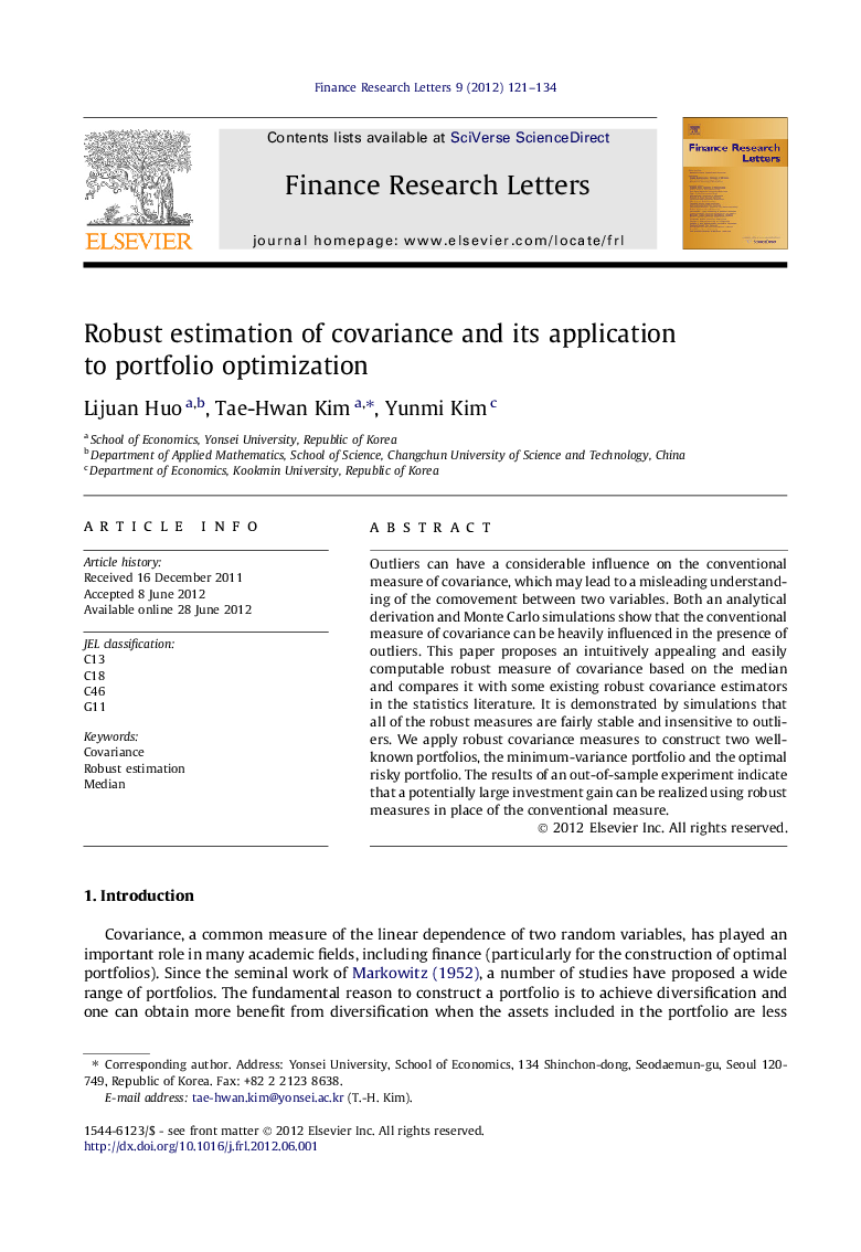 Robust estimation of covariance and its application to portfolio optimization