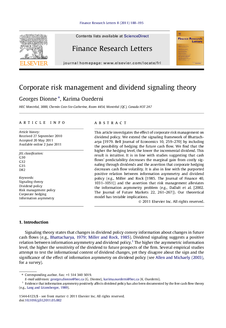 Corporate risk management and dividend signaling theory