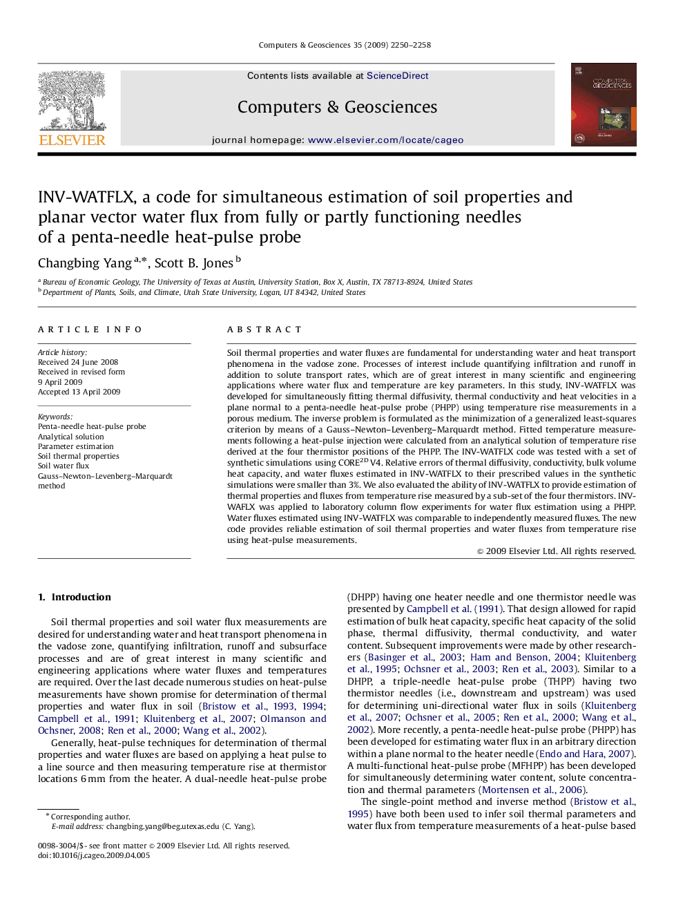 INV-WATFLX, a code for simultaneous estimation of soil properties and planar vector water flux from fully or partly functioning needles of a penta-needle heat-pulse probe