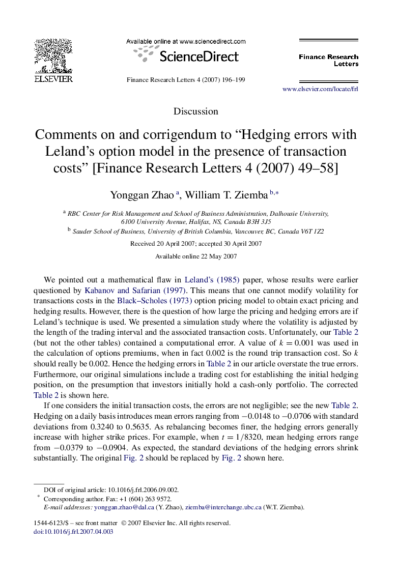Comments on and corrigendum to “Hedging errors with Leland's option model in the presence of transaction costs” [Finance Research Letters 4 (2007) 49-58]