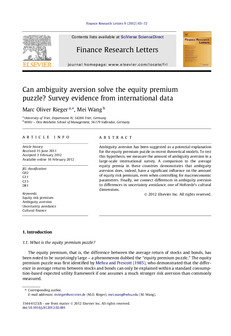 Can ambiguity aversion solve the equity premium puzzle? Survey evidence from international data