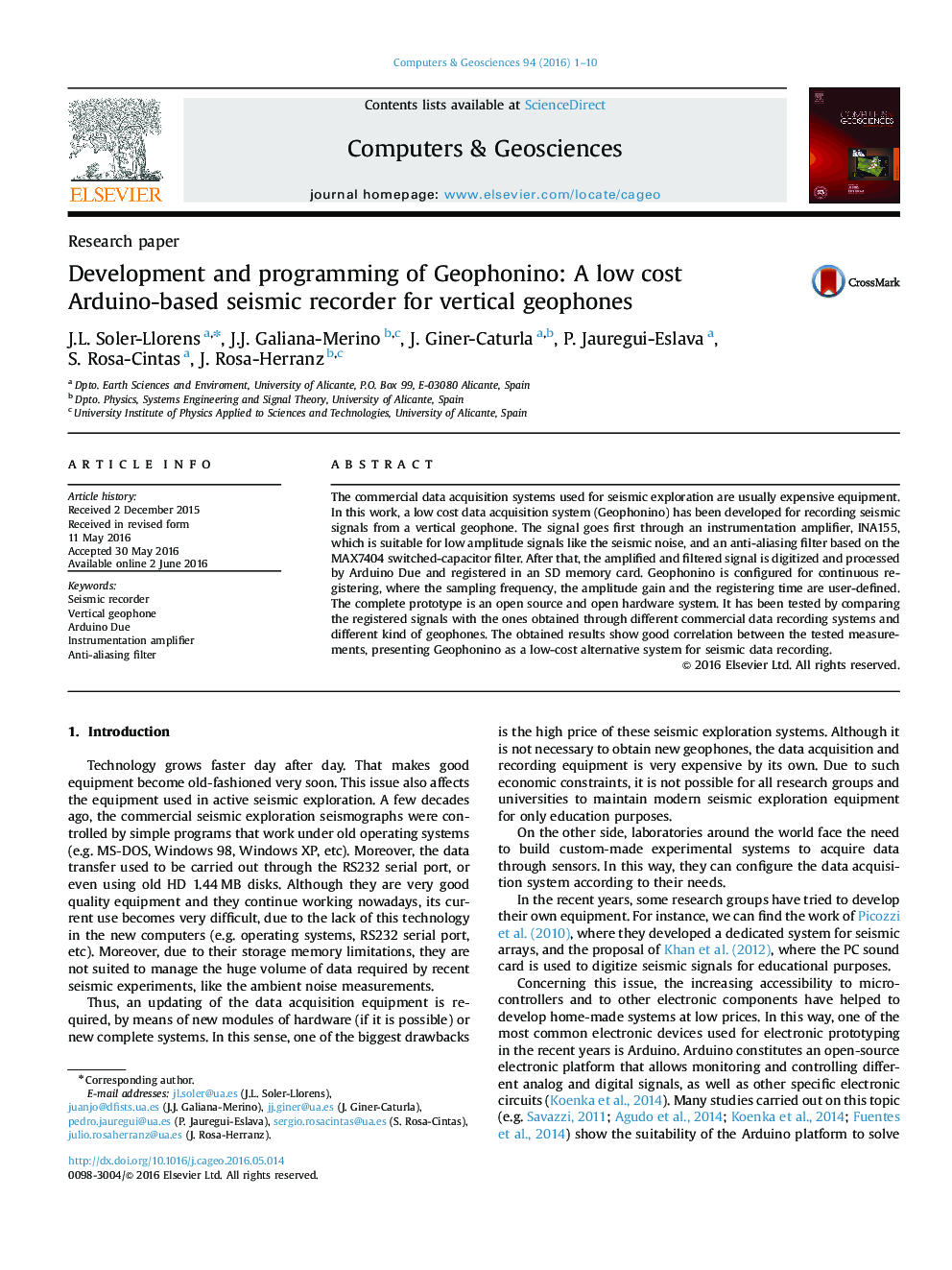 Development and programming of Geophonino: A low cost Arduino-based seismic recorder for vertical geophones