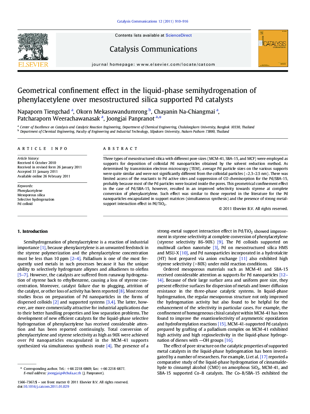 Geometrical confinement effect in the liquid-phase semihydrogenation of phenylacetylene over mesostructured silica supported Pd catalysts