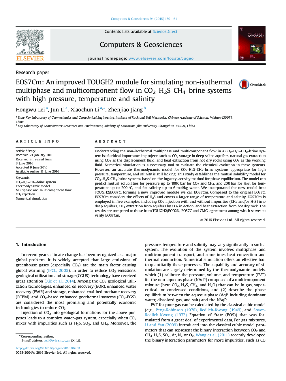 EOS7Cm: An improved TOUGH2 module for simulating non-isothermal multiphase and multicomponent flow in CO2–H2S–CH4–brine systems with high pressure, temperature and salinity