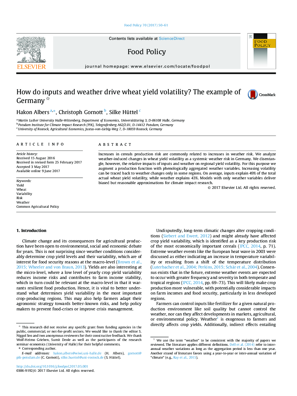 How do inputs and weather drive wheat yield volatility? The example of Germany