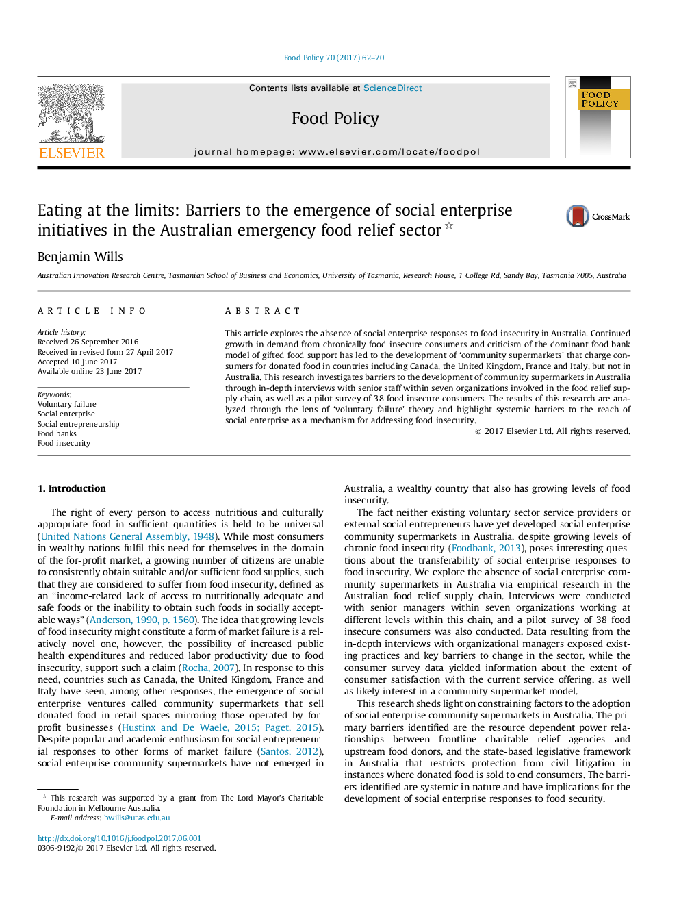 Eating at the limits: Barriers to the emergence of social enterprise initiatives in the Australian emergency food relief sector