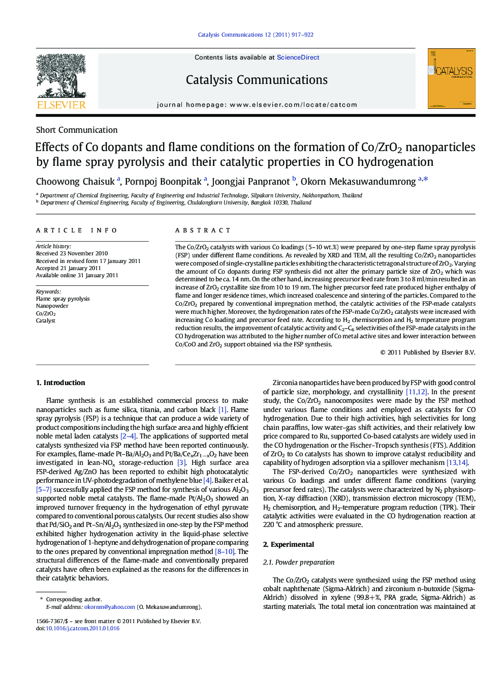 Effects of Co dopants and flame conditions on the formation of Co/ZrO2 nanoparticles by flame spray pyrolysis and their catalytic properties in CO hydrogenation