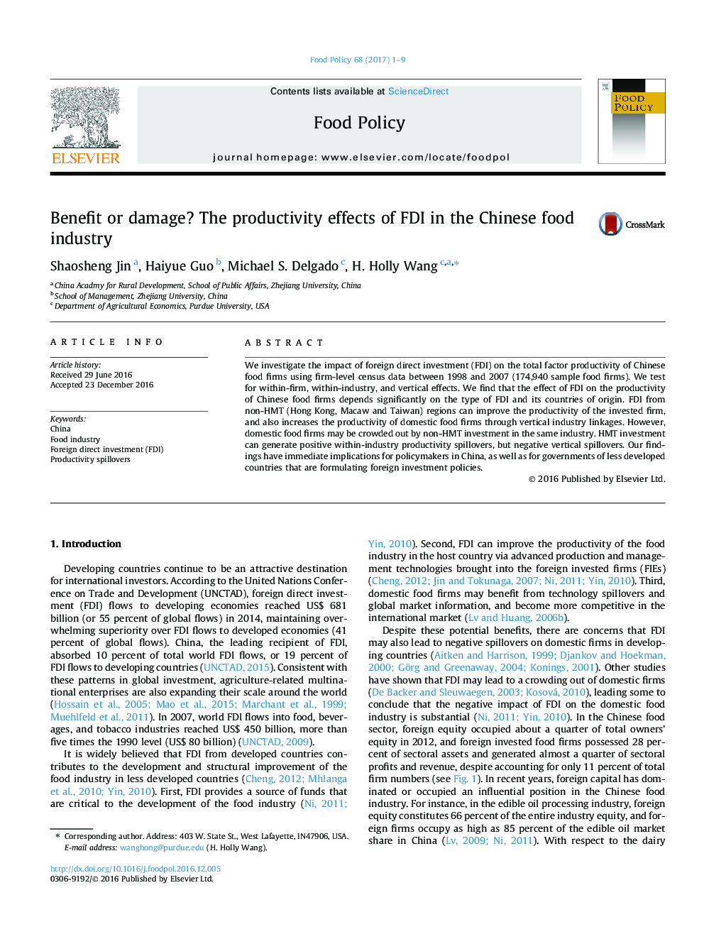 Benefit or damage? The productivity effects of FDI in the Chinese food industry