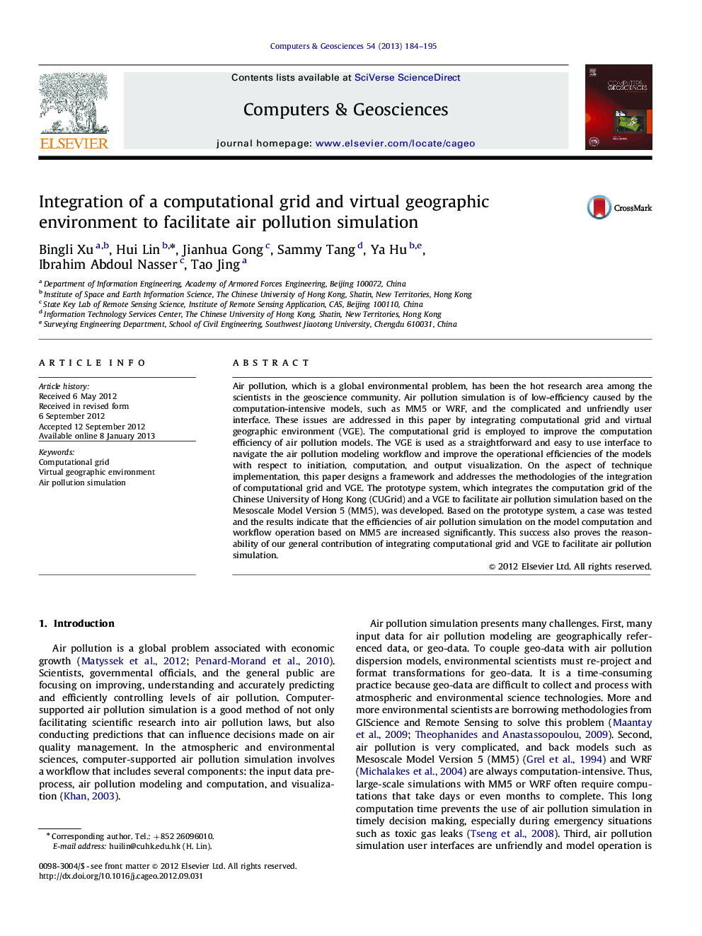 Integration of a computational grid and virtual geographic environment to facilitate air pollution simulation