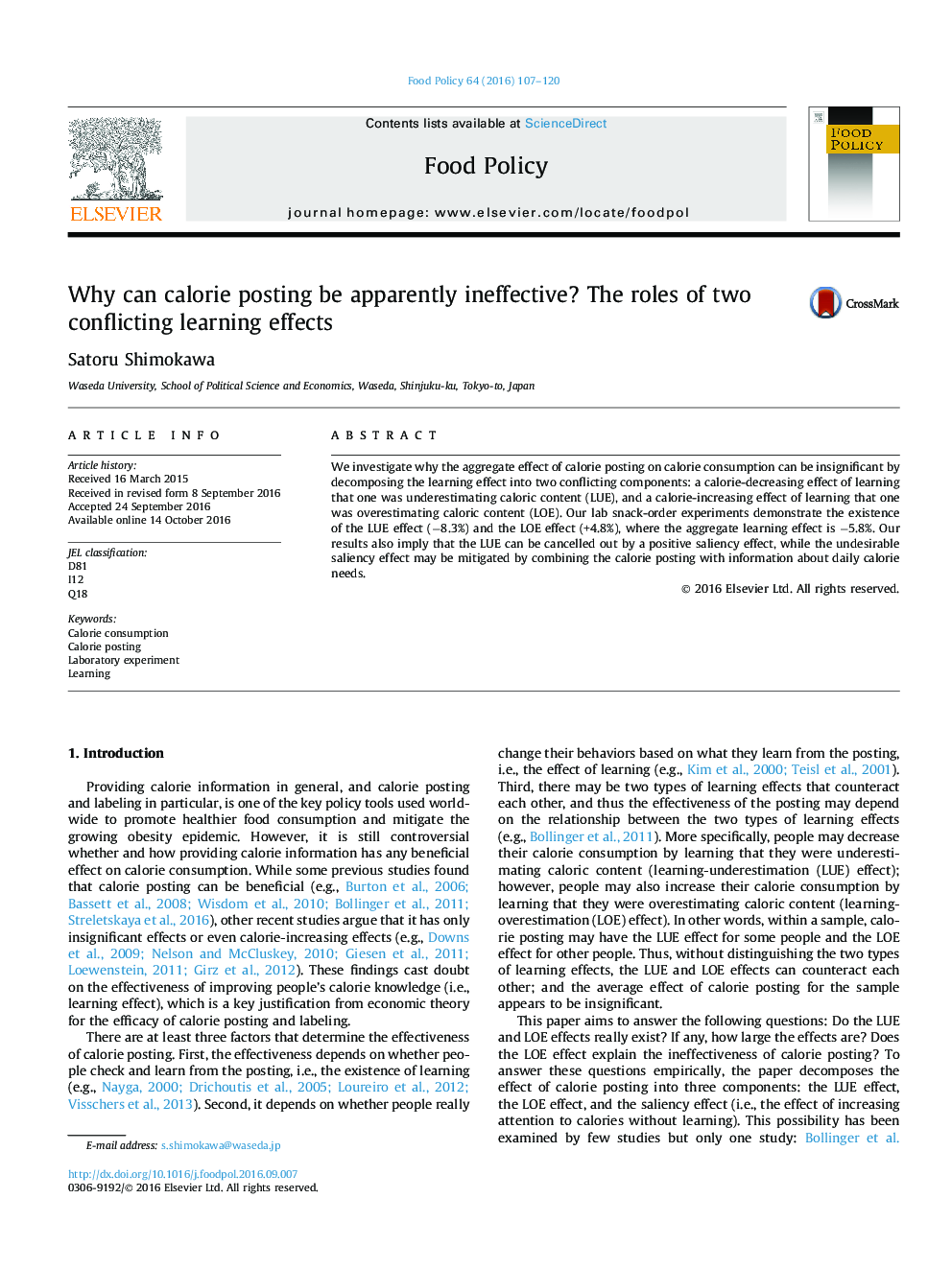 Why can calorie posting be apparently ineffective? The roles of two conflicting learning effects