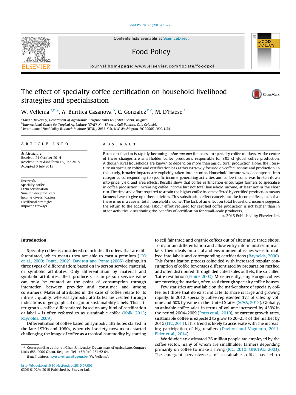 The effect of specialty coffee certification on household livelihood strategies and specialisation