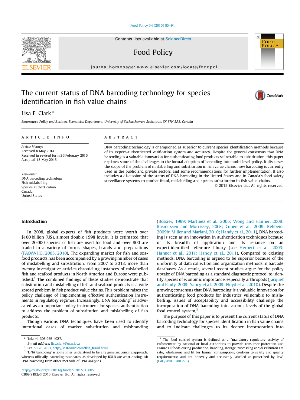 The current status of DNA barcoding technology for species identification in fish value chains