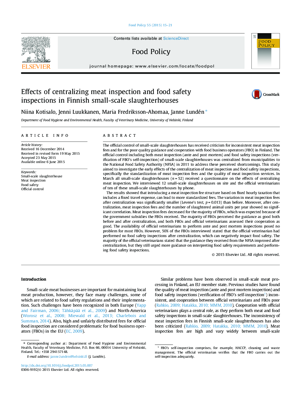 Effects of centralizing meat inspection and food safety inspections in Finnish small-scale slaughterhouses