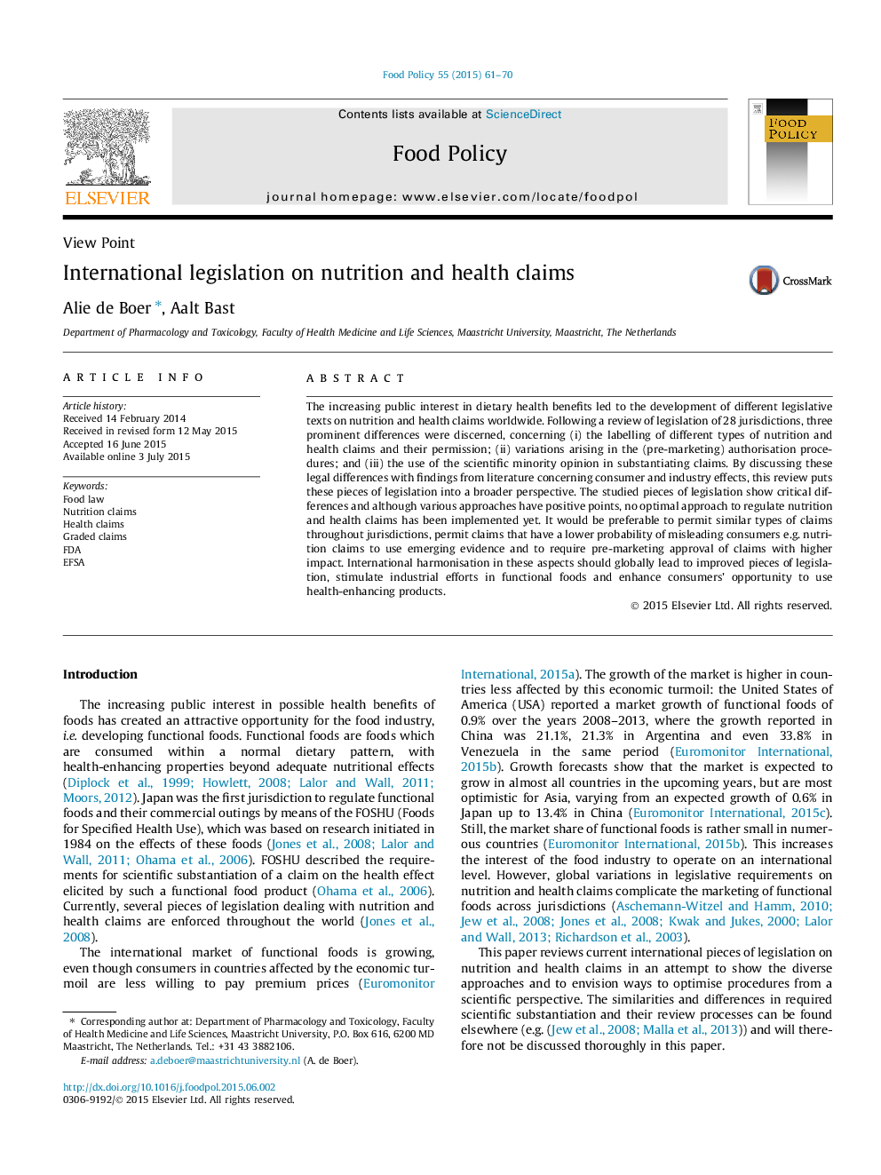 View PointInternational legislation on nutrition and health claims