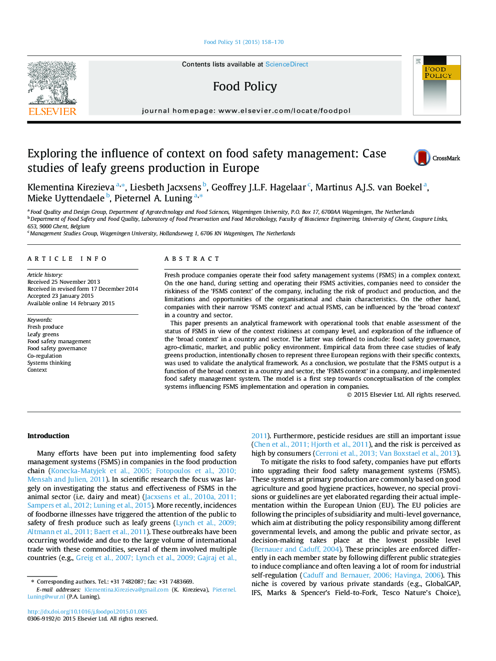 Exploring the influence of context on food safety management: Case studies of leafy greens production in Europe