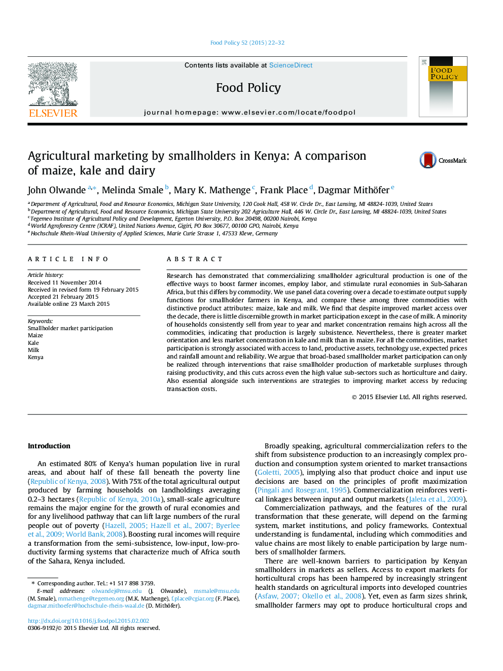 Agricultural marketing by smallholders in Kenya: A comparison of maize, kale and dairy