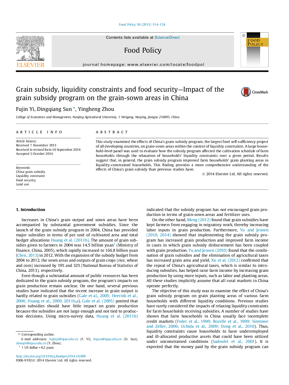 Grain subsidy, liquidity constraints and food security-Impact of the grain subsidy program on the grain-sown areas in China