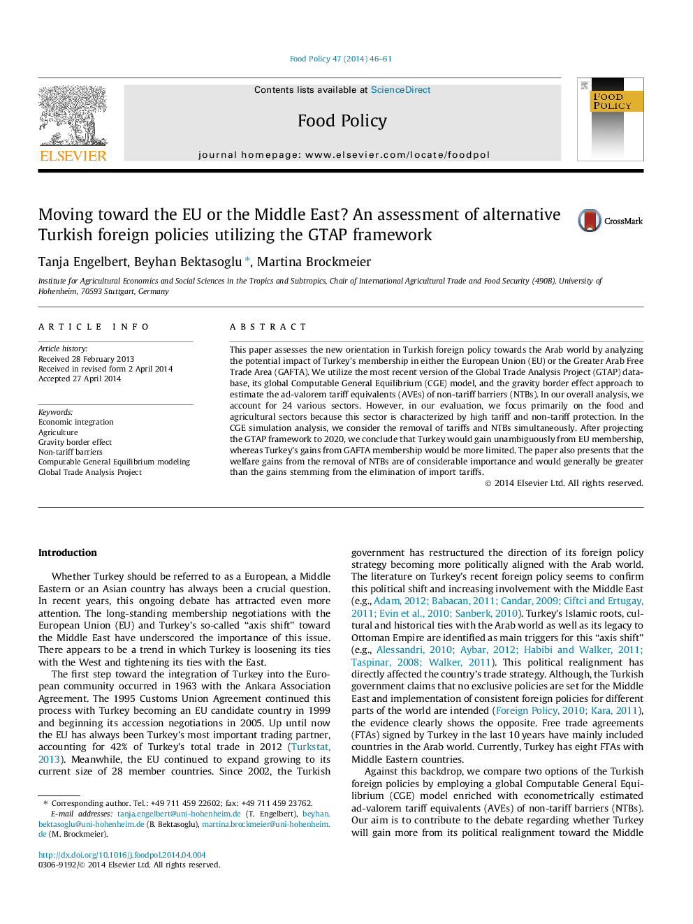 Moving toward the EU or the Middle East? An assessment of alternative Turkish foreign policies utilizing the GTAP framework