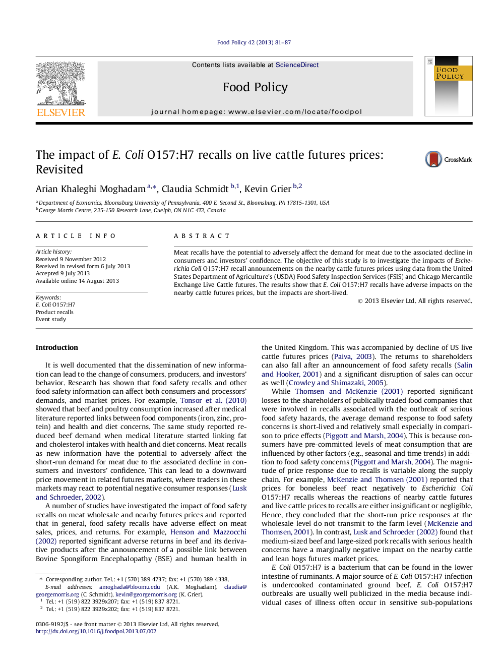 The impact of E. Coli O157:H7 recalls on live cattle futures prices: Revisited