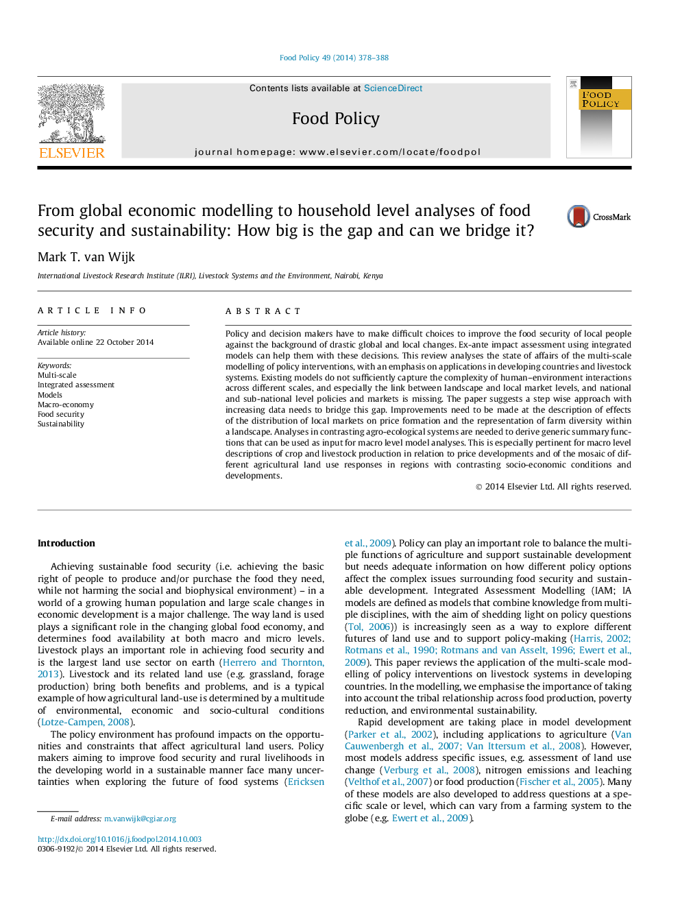 From global economic modelling to household level analyses of food security and sustainability: How big is the gap and can we bridge it?