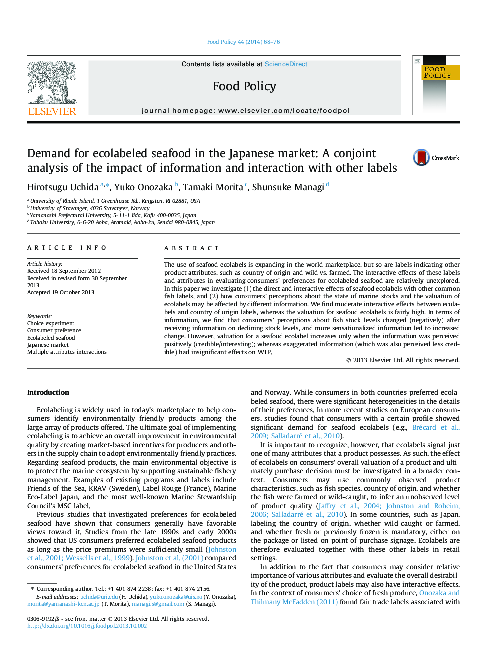 Demand for ecolabeled seafood in the Japanese market: A conjoint analysis of the impact of information and interaction with other labels