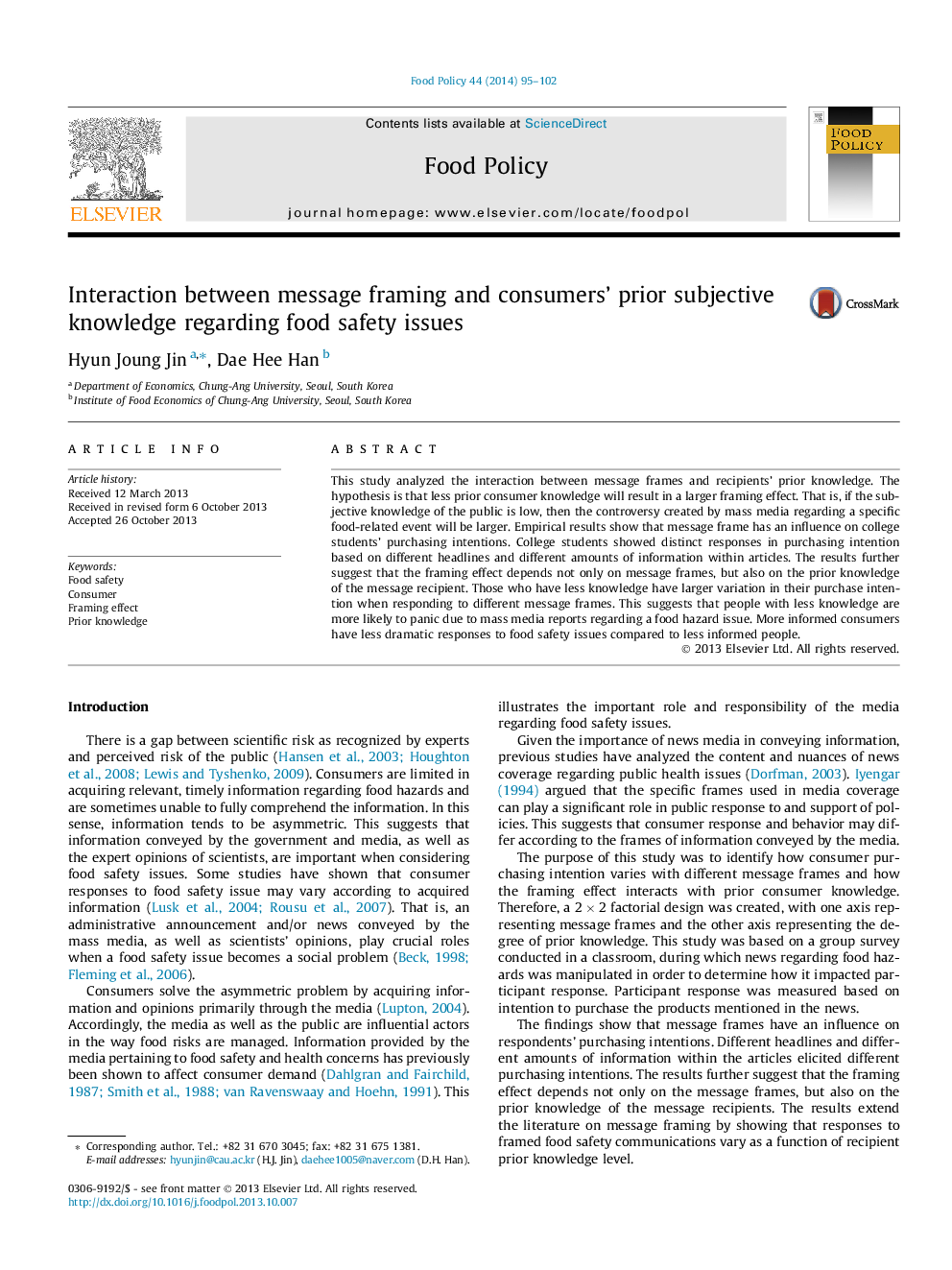 Interaction between message framing and consumers' prior subjective knowledge regarding food safety issues