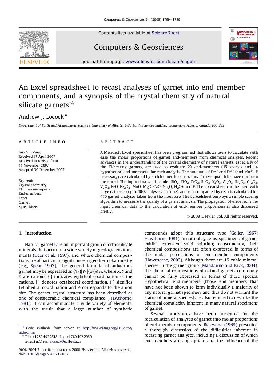 An Excel spreadsheet to recast analyses of garnet into end-member components, and a synopsis of the crystal chemistry of natural silicate garnets 