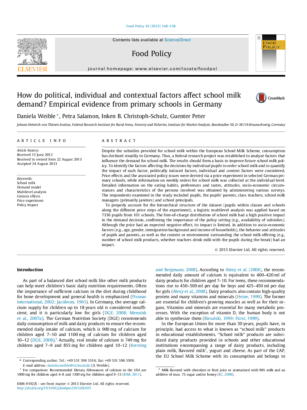 How do political, individual and contextual factors affect school milk demand? Empirical evidence from primary schools in Germany