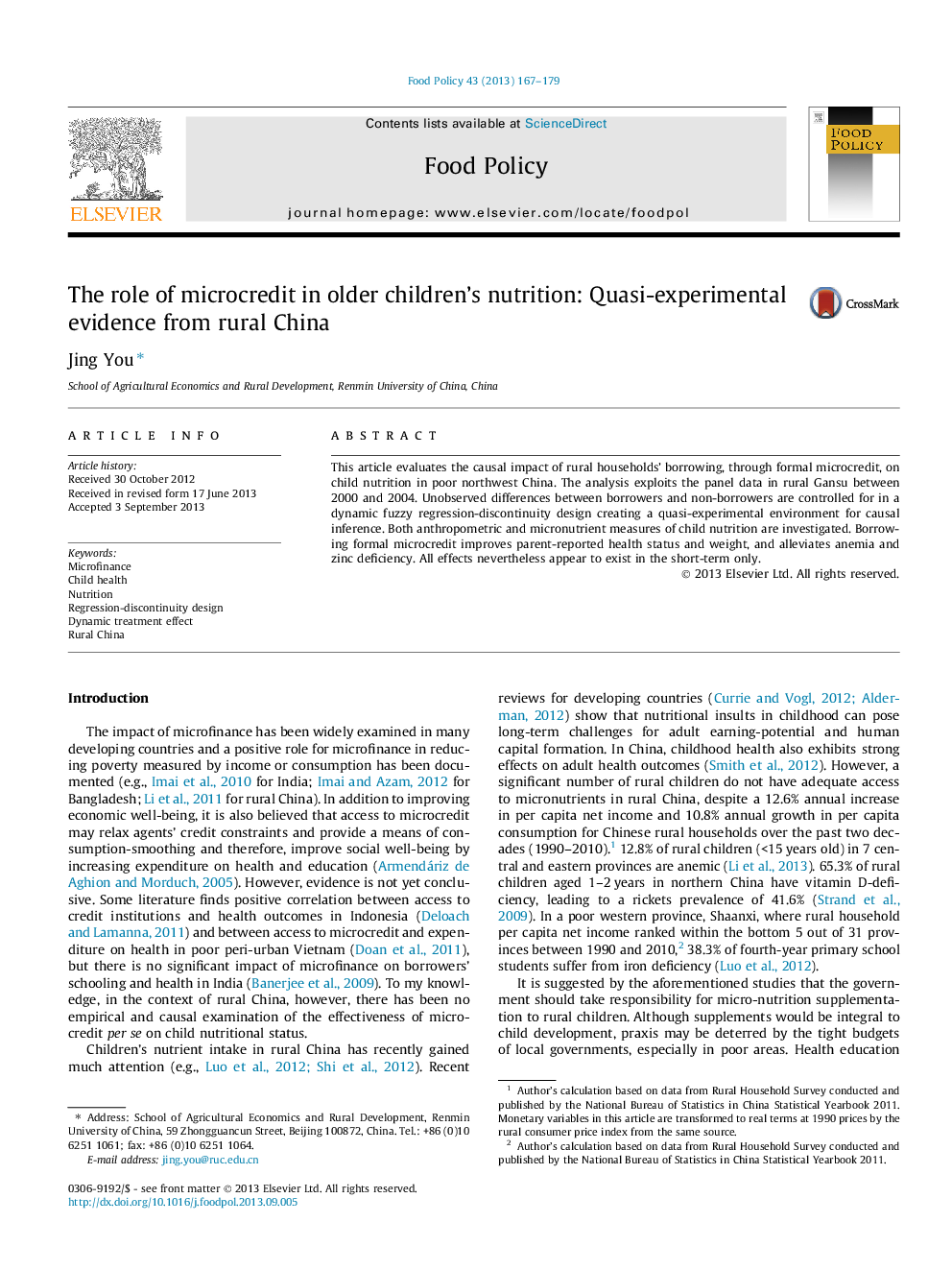 The role of microcredit in older children's nutrition: Quasi-experimental evidence from rural China