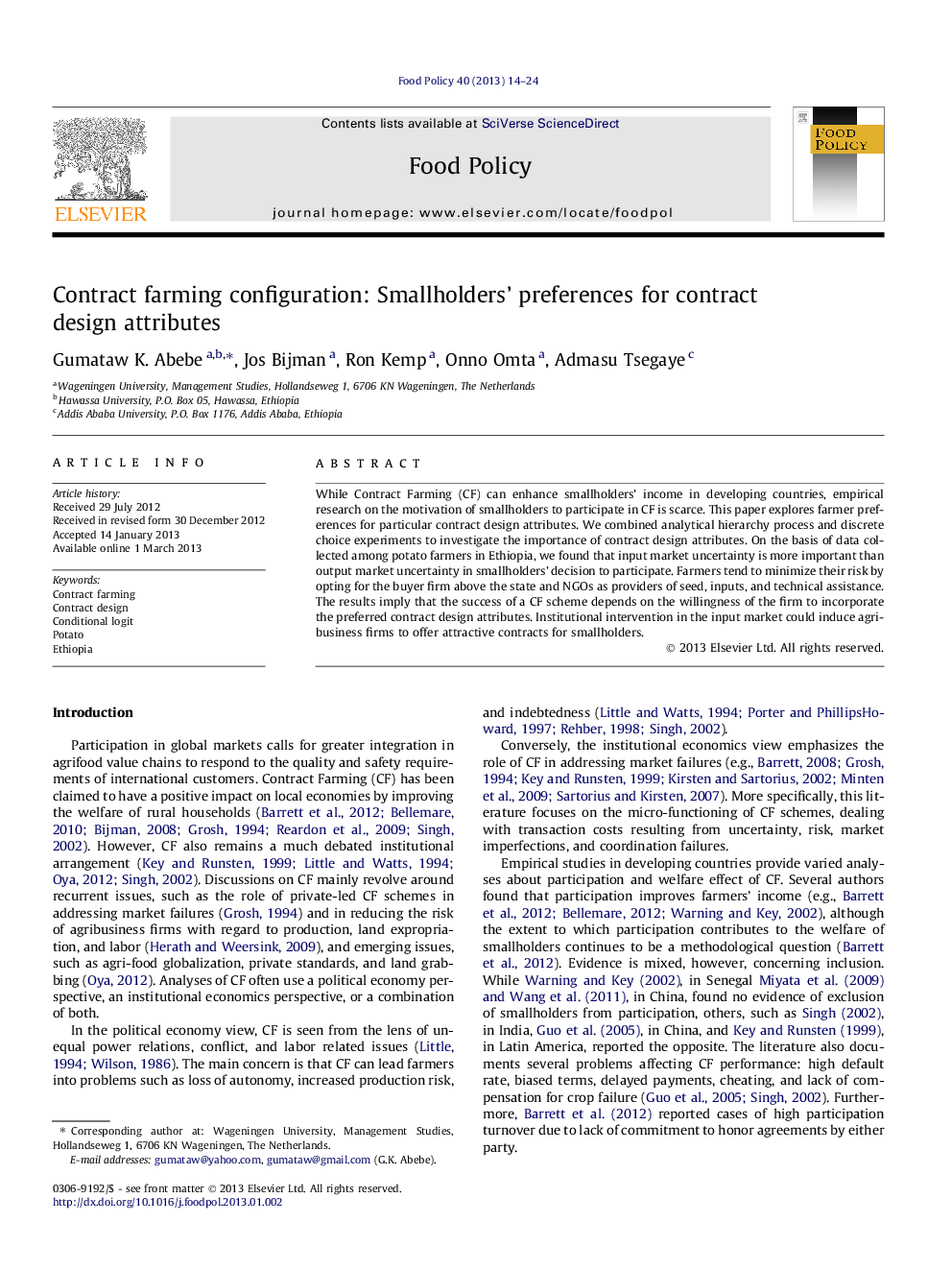 Contract farming configuration: Smallholders' preferences for contract design attributes