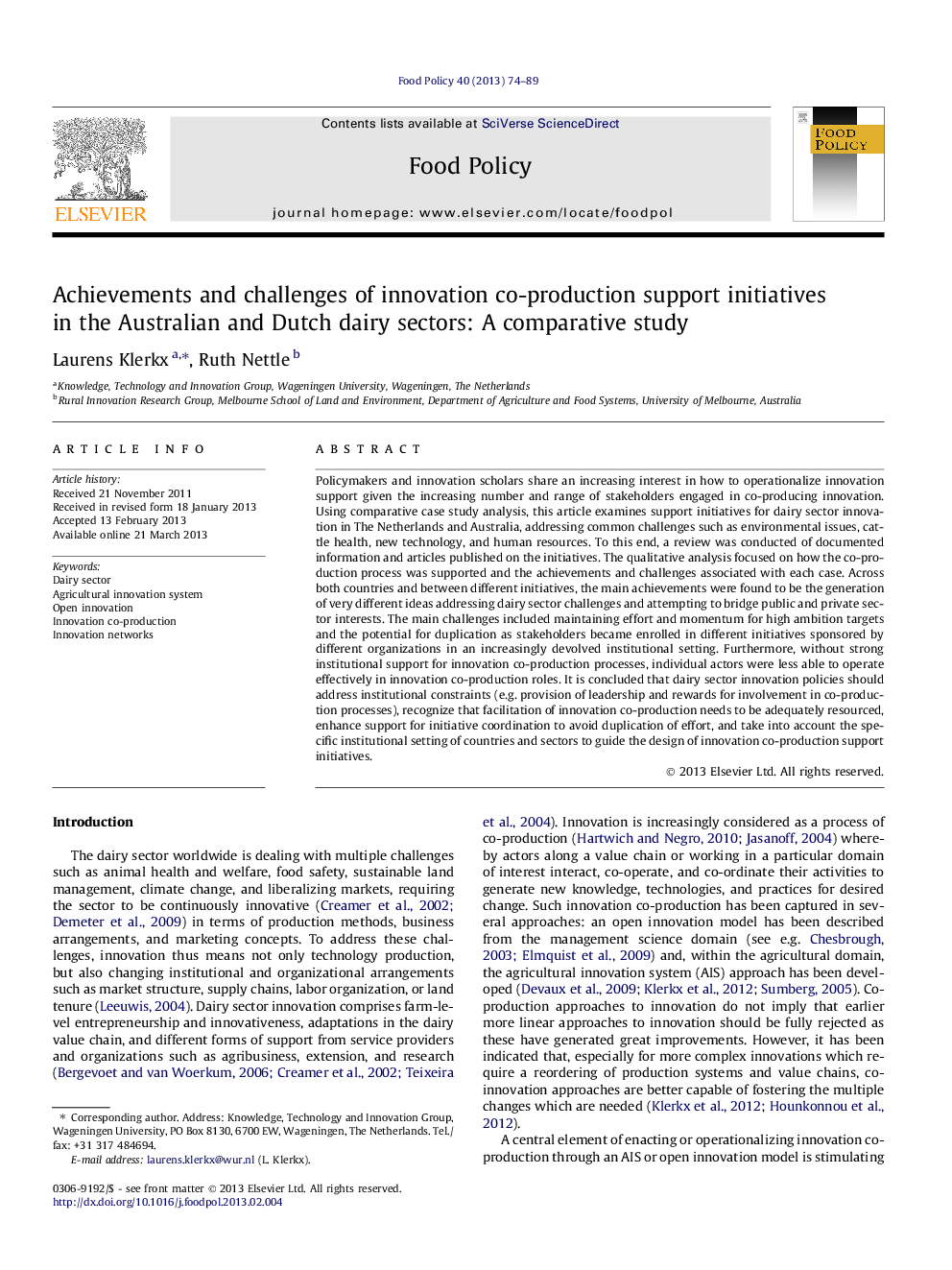 Achievements and challenges of innovation co-production support initiatives in the Australian and Dutch dairy sectors: A comparative study